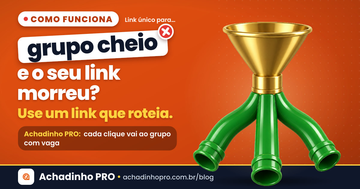 Capa sobre link único para vários grupos de WhatsApp: funil de latão que se divide em canos verdes, em 3D